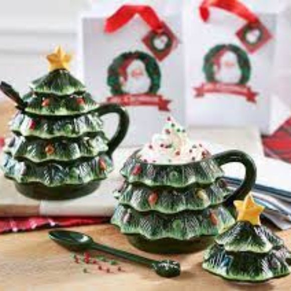 NWT Mr. Christmas Set of 2 16-oz Nostalgic Mugs w/ Lids & Spoons TREES - Picture 1 of 6